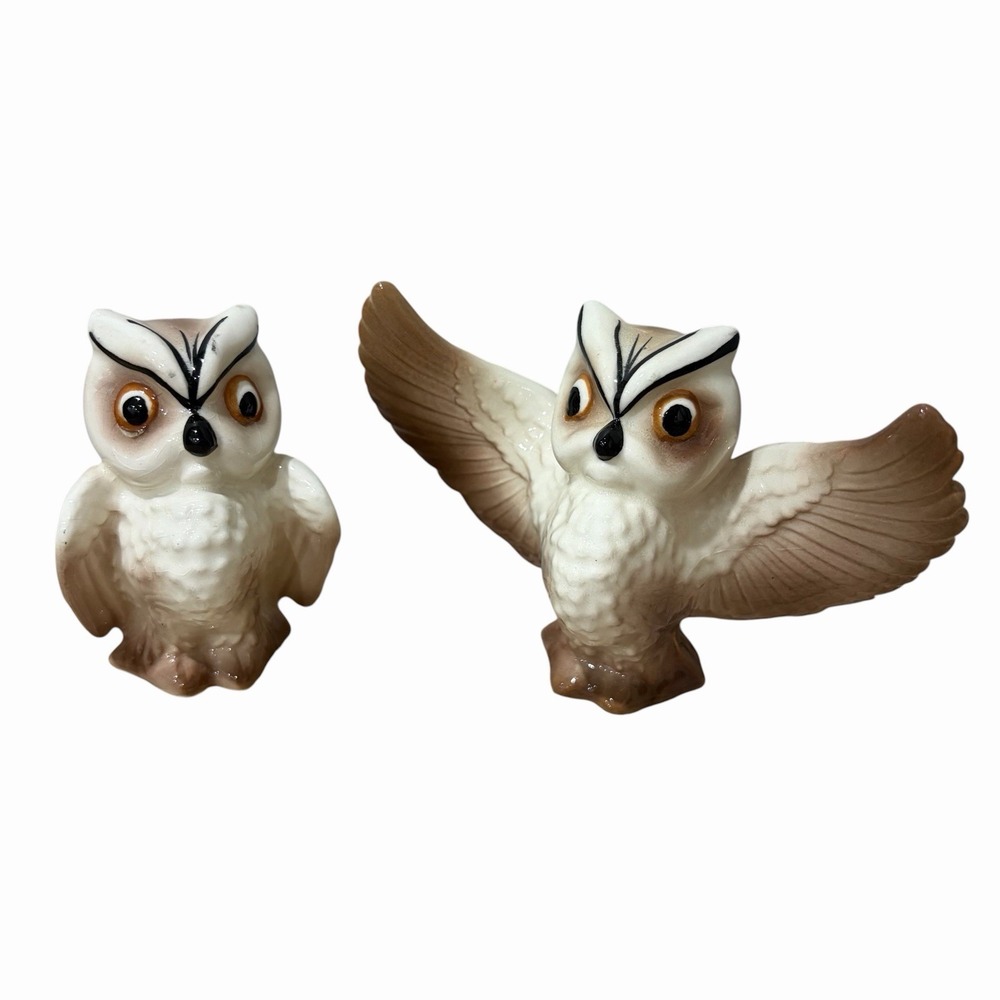 Vintage Owl Salt And Pepper Shakers Hand Painted Porcelain Japan Open Wings MCM